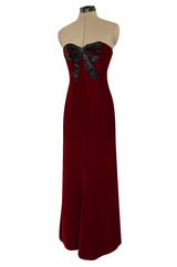 Gorgeous 1980s Oscar de la Renta Black Beaded Bow Dress in a Rich Ruby Red Velvet