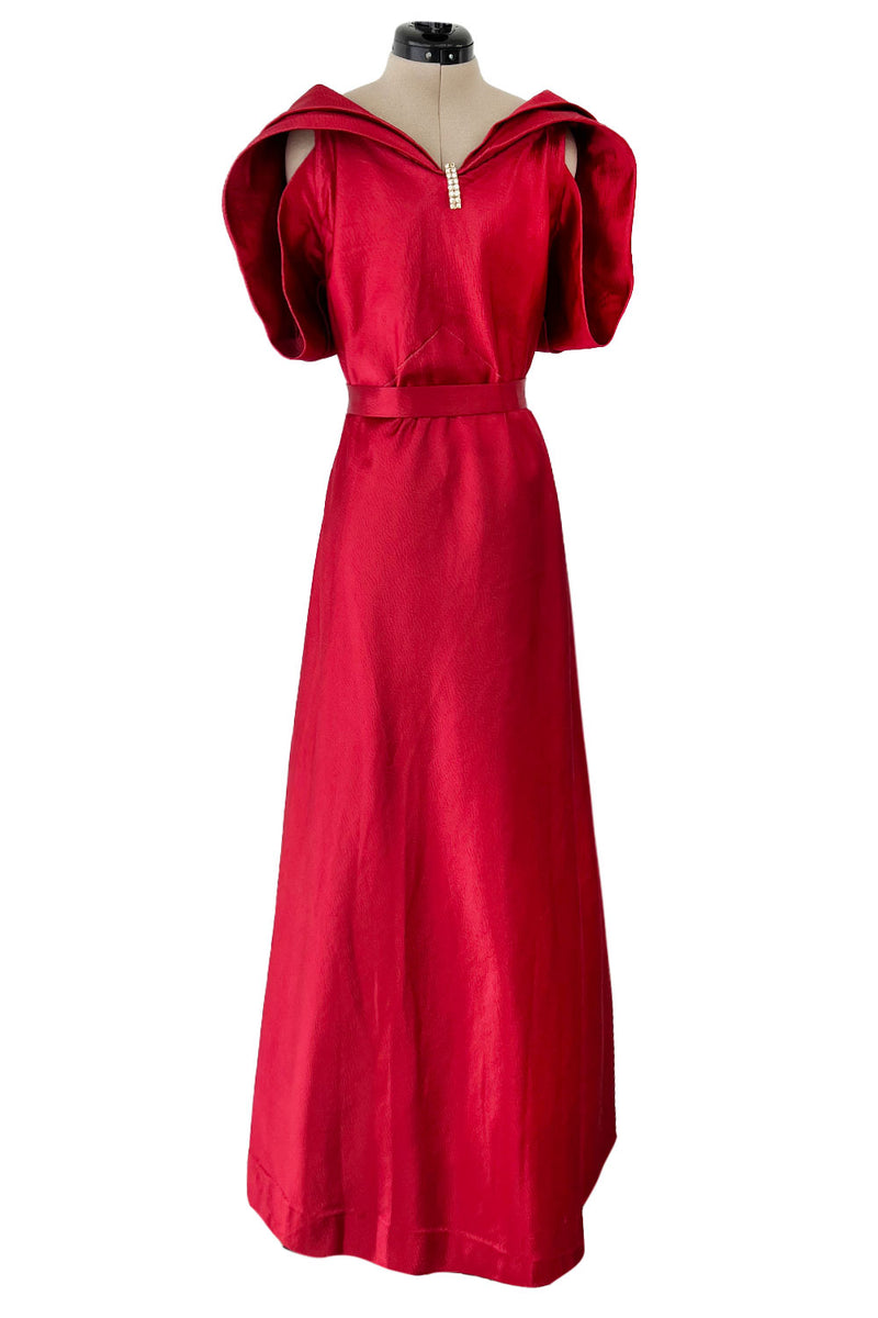 Stunning 1930s Hammered Silk Satin Deep Red Dress w Low Back & Unusual Shrimpton Couture Stunning 1930s Hammered Silk Satin Deep Red Dress w Low Back & Unusual Shrimpton Couture