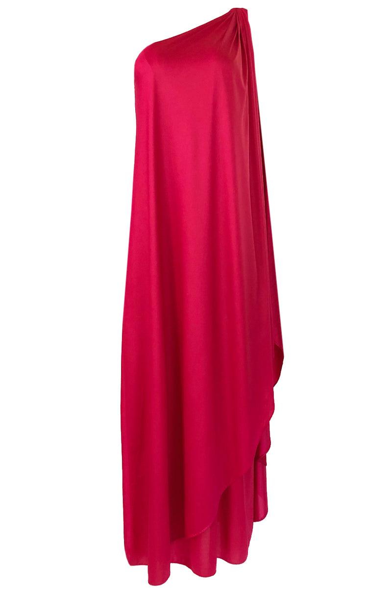 c.1978 Halston One Shoulder Draped Pink Nylon Jersey Full Length Maxi Dress