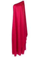 c.1978 Halston One Shoulder Draped Pink Nylon Jersey Full Length Maxi Dress