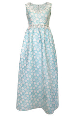 1970s Victor Costa Baby Blue Raised Leaf Patter Dress W Bead Details