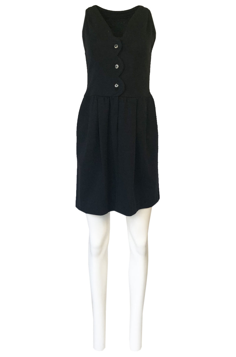 1960s James Galanos Scalloped Front Dress w Rhinestone Buttons