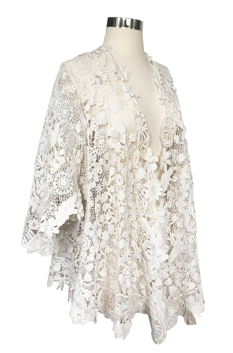 c.1900s Antique Handmade White 3D Floral Irish Crochet Lace Jacket