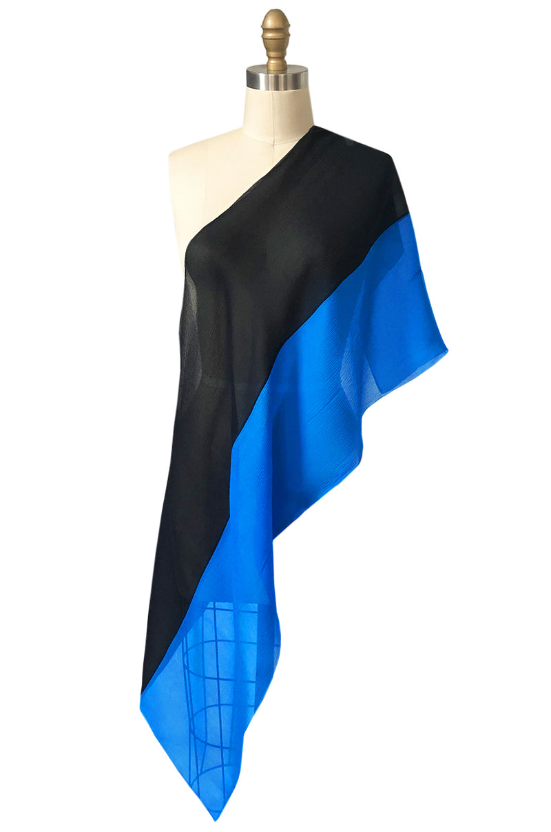 1970s Marc Bohan for Christian Dior Blue & Black Silk Chiffon Scarf