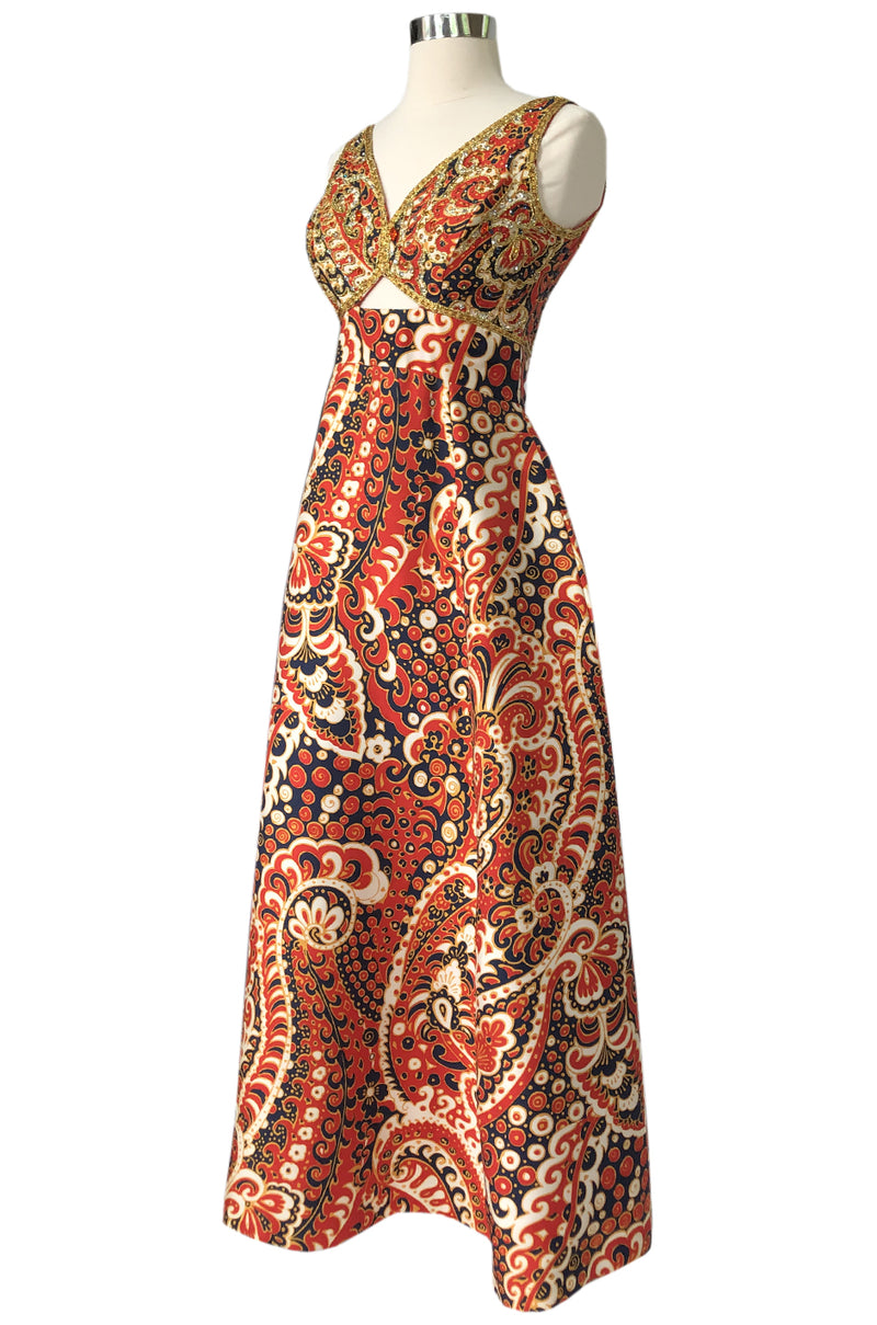 1968 Malcolm Starr Ad Campaign Silk Dress w Front Cut Out, Sequins & Beads