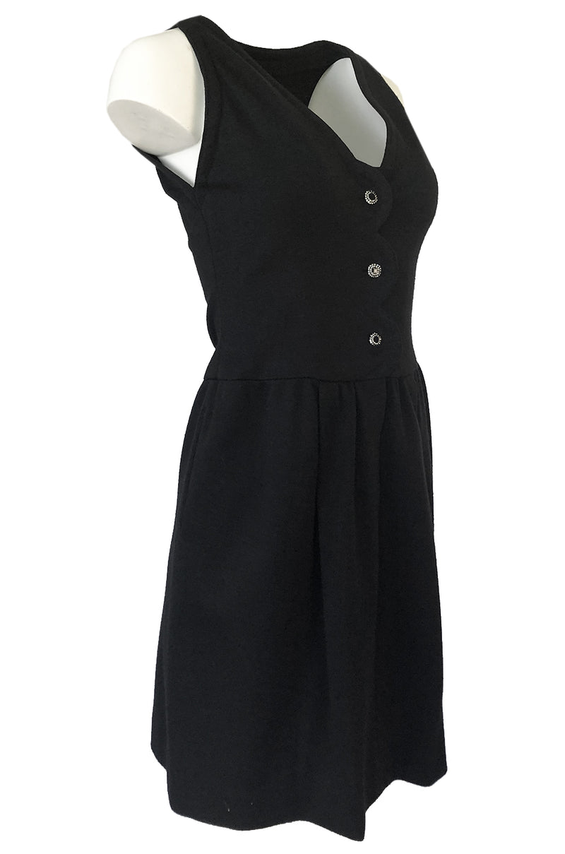 1960s James Galanos Scalloped Front Dress w Rhinestone Buttons