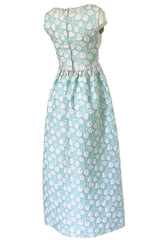 1970s Victor Costa Baby Blue Raised Leaf Patter Dress W Bead Details