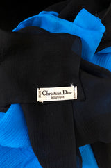 1970s Marc Bohan for Christian Dior Blue & Black Silk Chiffon Scarf