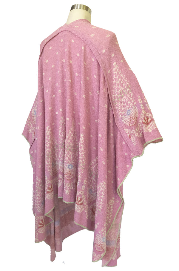 1970s Bill Gibb Patterned Knit Soft Pink Front Tie Poncho Cape Coat