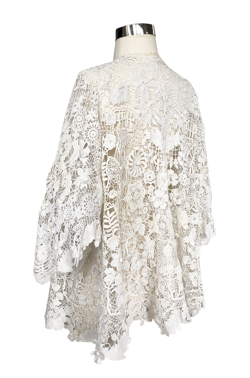 c.1900s Antique Handmade White 3D Floral Irish Crochet Lace Jacket