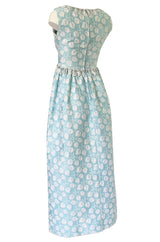 1970s Victor Costa Baby Blue Raised Leaf Patter Dress W Bead Details