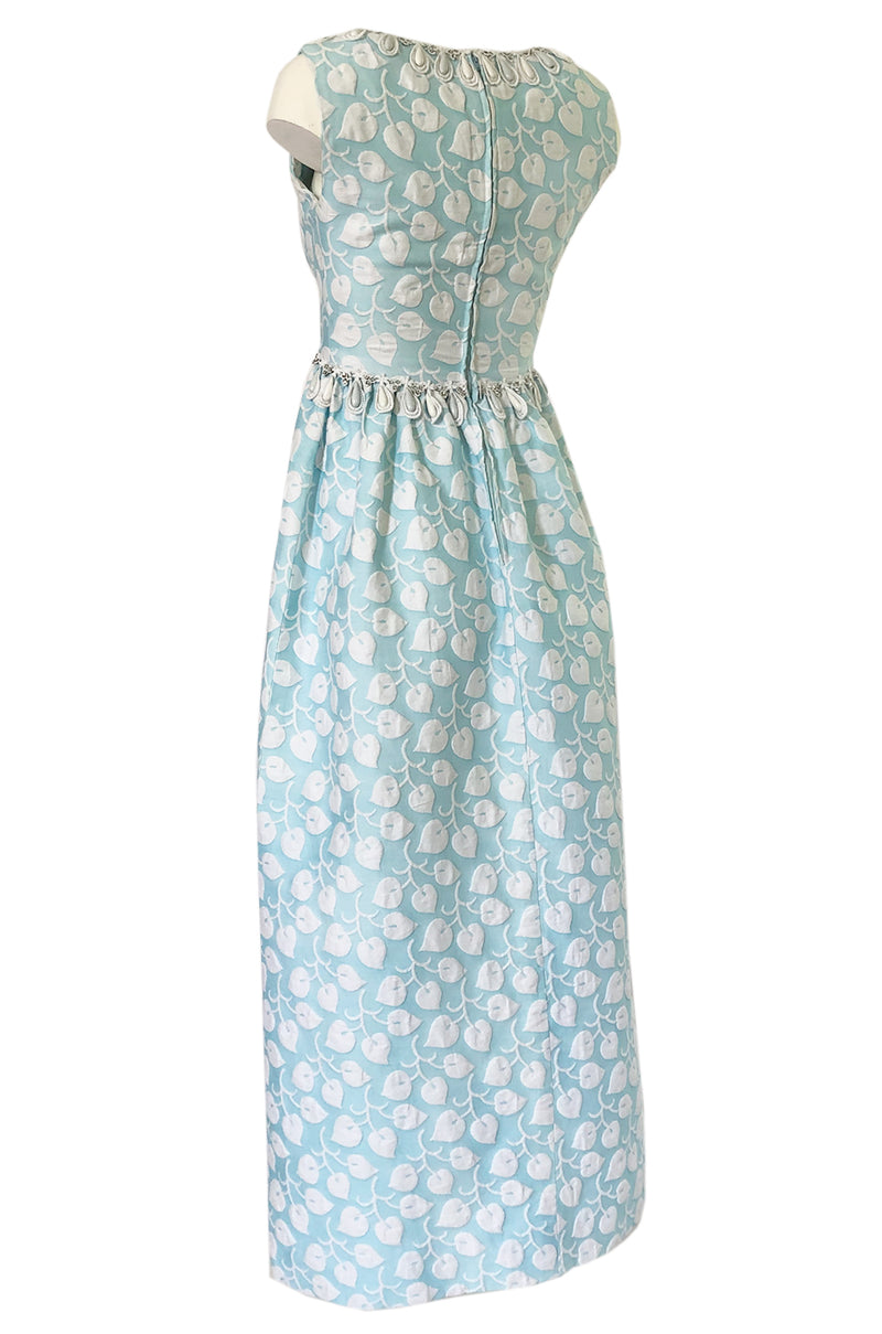 1970s Victor Costa Baby Blue Raised Leaf Patter Dress W Bead Details