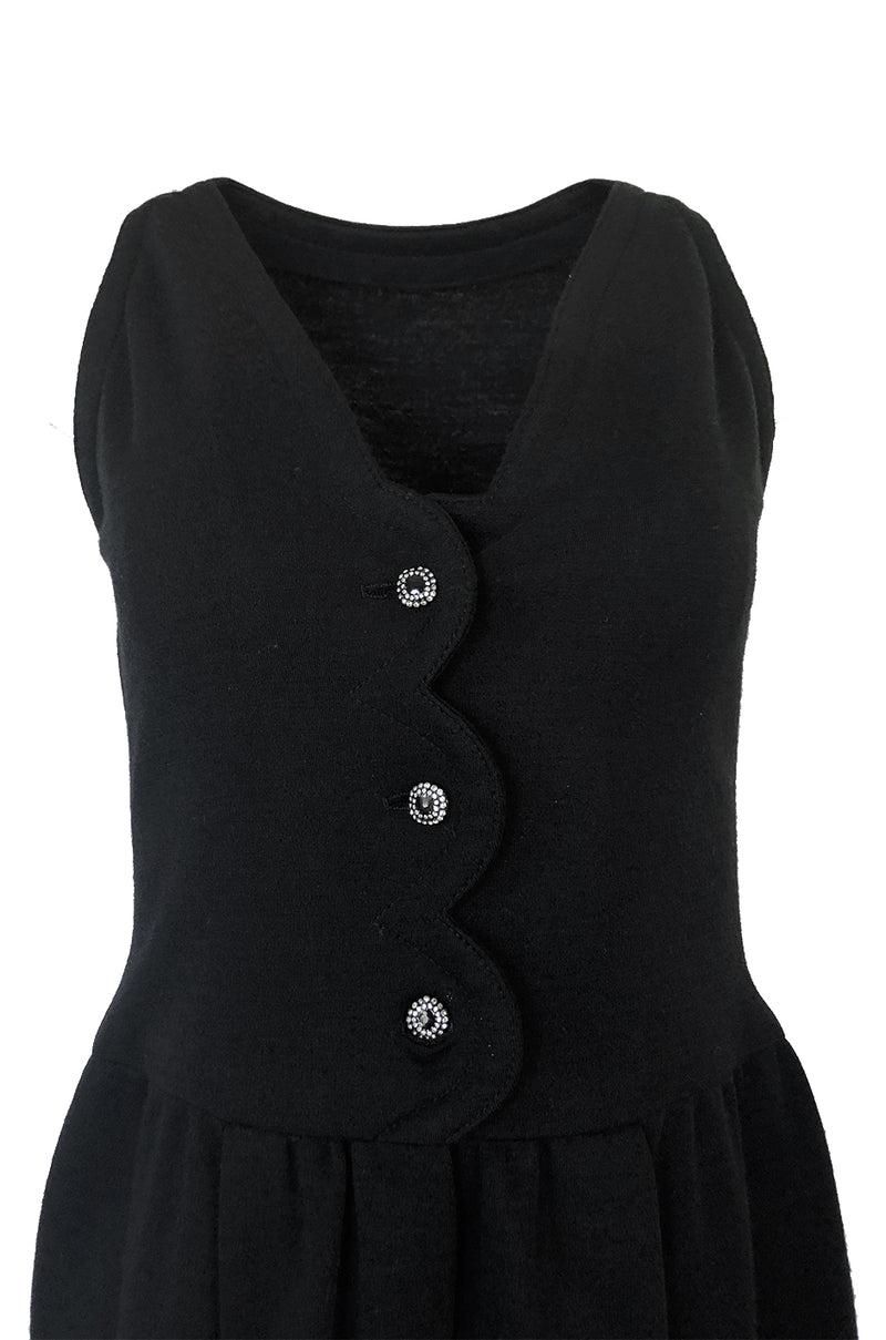 1960s James Galanos Scalloped Front Dress w Rhinestone Buttons