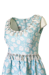 1970s Victor Costa Baby Blue Raised Leaf Patter Dress W Bead Details