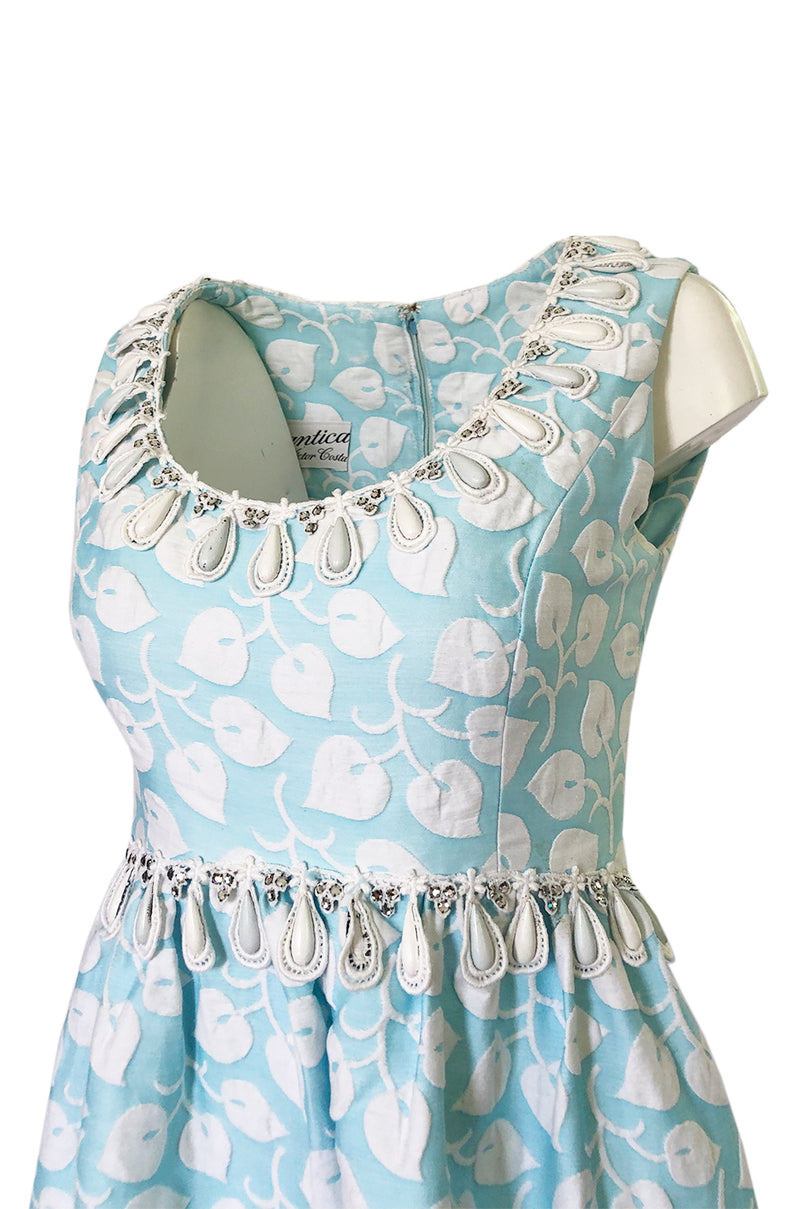 1970s Victor Costa Baby Blue Raised Leaf Patter Dress W Bead Details
