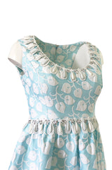 1970s Victor Costa Baby Blue Raised Leaf Patter Dress W Bead Details