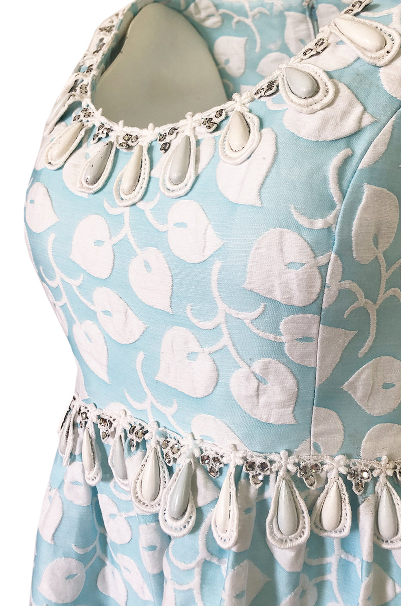 1970s Victor Costa Baby Blue Raised Leaf Patter Dress W Bead Details
