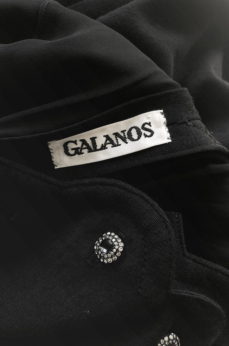 1960s James Galanos Scalloped Front Dress w Rhinestone Buttons