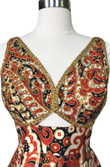 1968 Malcolm Starr Ad Campaign Silk Dress w Front Cut Out, Sequins & Beads