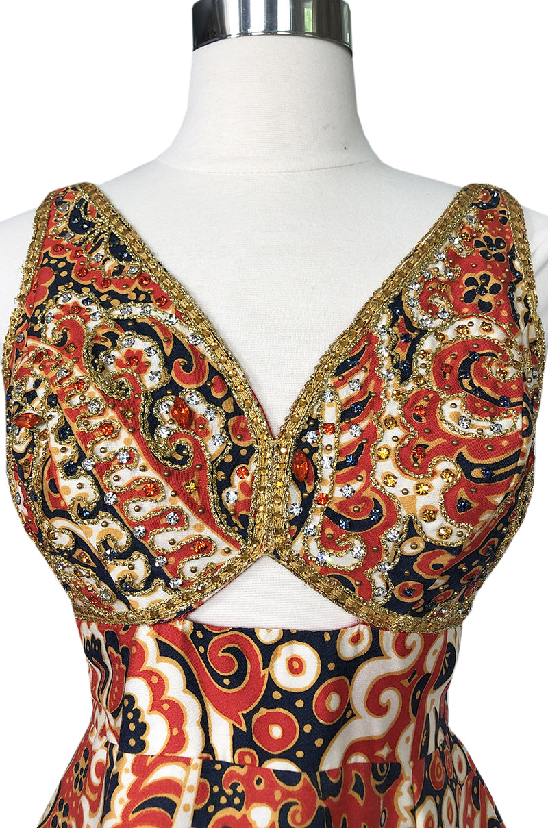 1968 Malcolm Starr Ad Campaign Silk Dress w Front Cut Out, Sequins & Beads