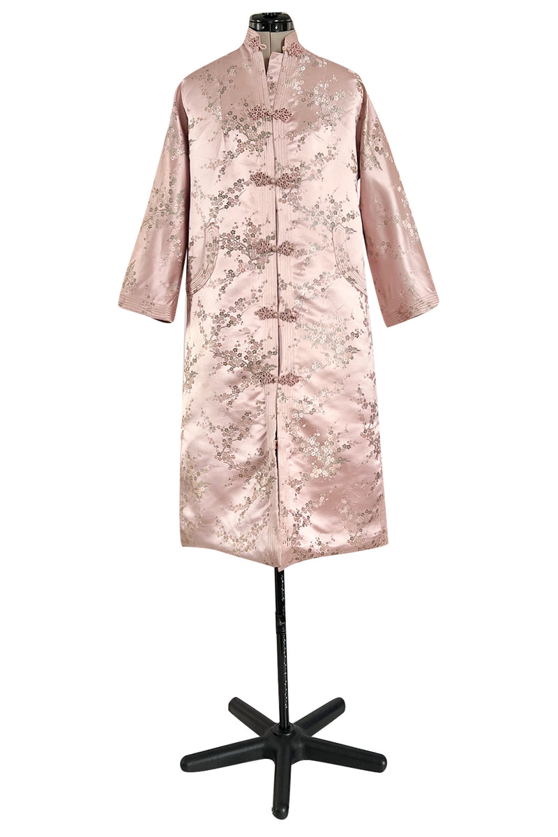 Prettiest 1960s Pink Silk Embroidered Asian Evening Coat w Top Stitched Cuffs & Collar