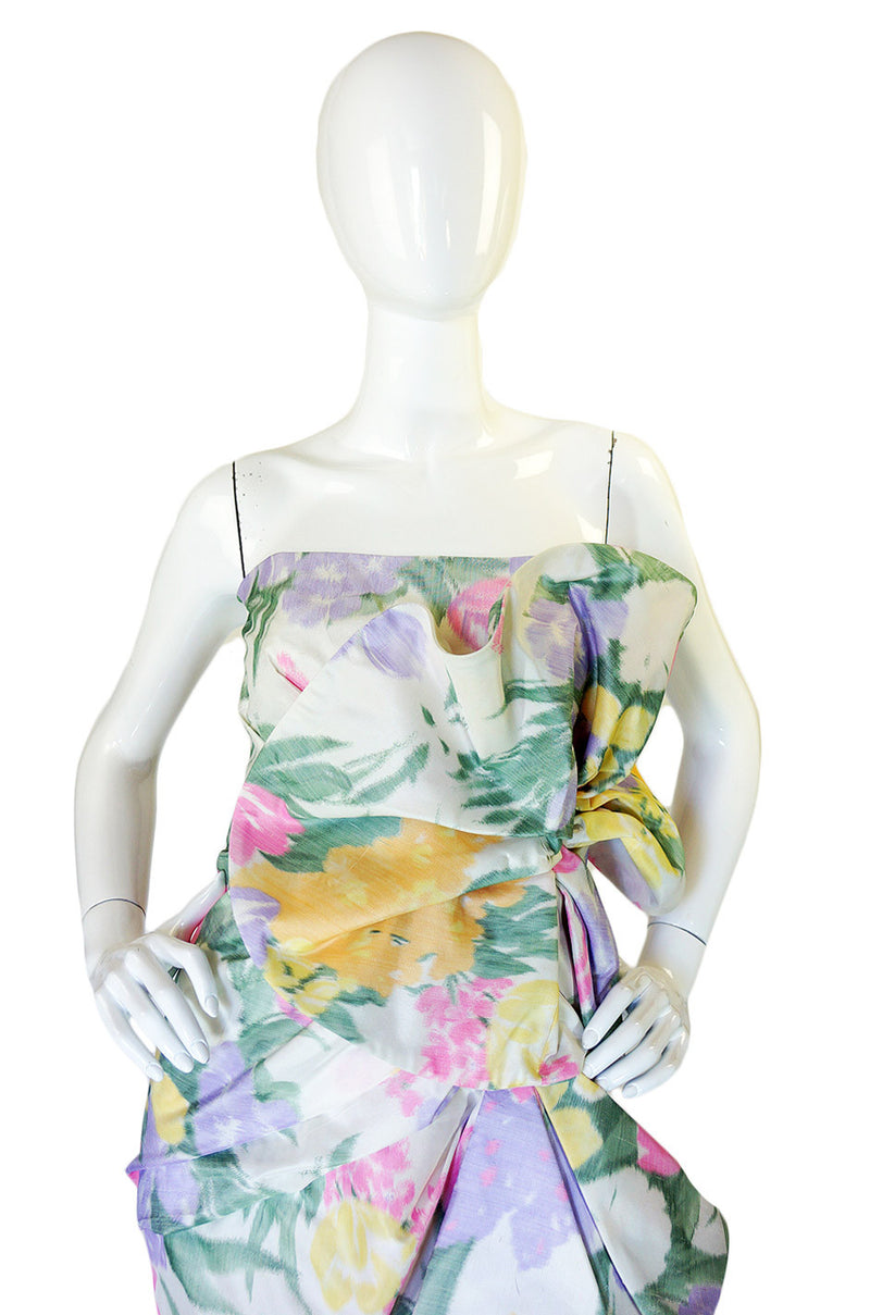 1980s Strapless Ruffled Pastel Silk Mignon Gown