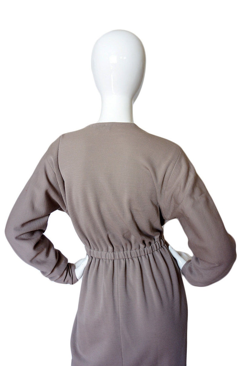 1970s Taupe Grey Plunge Halston Dress