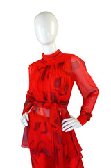 1970s Printed Red Silk Chiffon Set