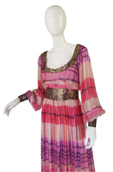1960s Pink & Gold Silk Chiffon Dress with Silver Beading