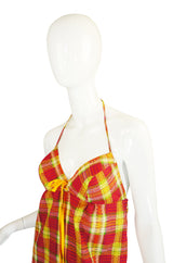 1970s Gingham Print Lace Front Halter Maxi Dress