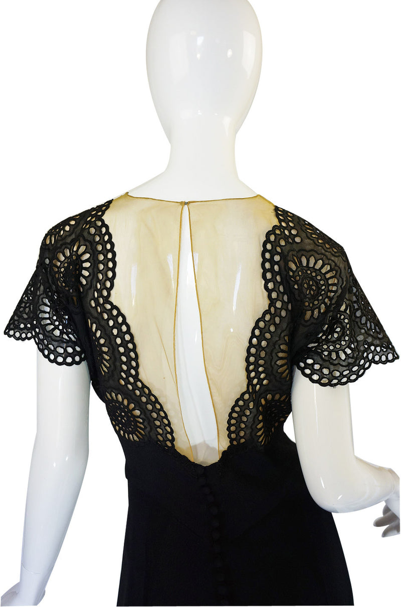 1940s Lace Illusion Peplum Crepe Dress