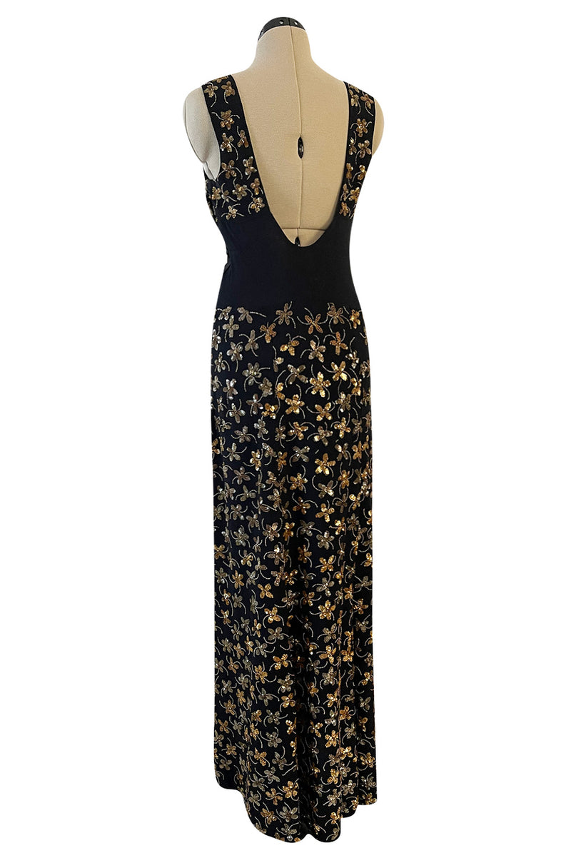 Incredible 1930s Black Moss Silk Crepe Dress Densely Covered w Rare Gelatin Sequins & Seed Beads