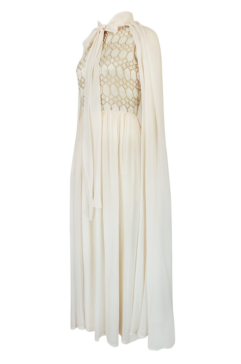Spring 1961 Balmain Haute Couture Lesage Ivory Beaded Dress w Detachable Cape