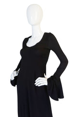 1970s Biba Ruffled Cuffs Black Moss Crepe Dress