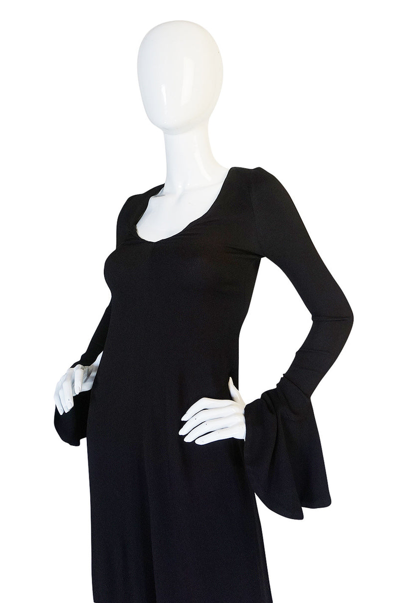 1970s Biba Ruffled Cuffs Black Moss Crepe Dress