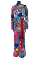 Fantastic 1970s Hanae Mori Bright Floral Print Jersey Pant & Top Set w Signed Belt