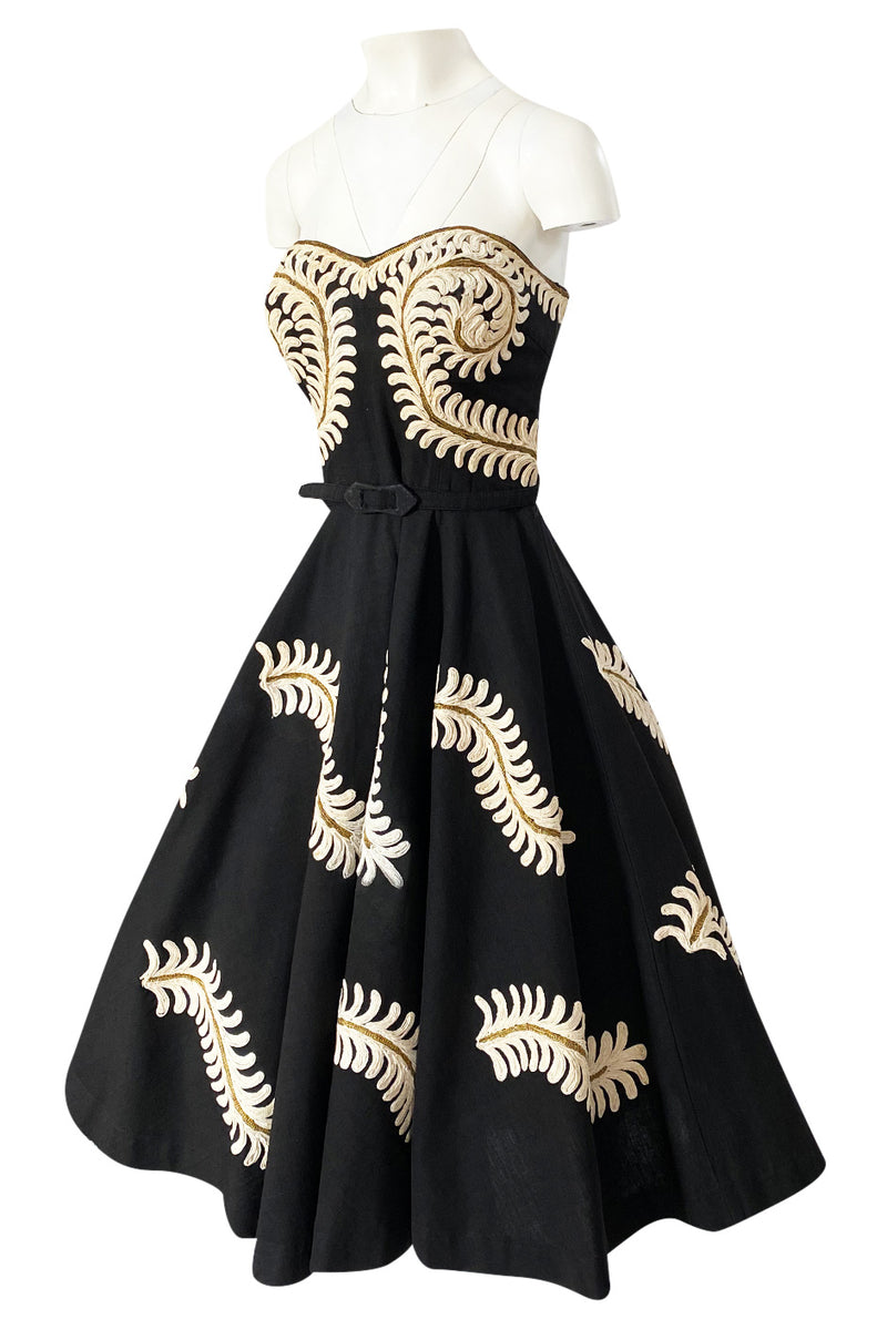 1950s Heavy Cotton / Canvas Strapless Dress  w Hand Applied Cord Applique