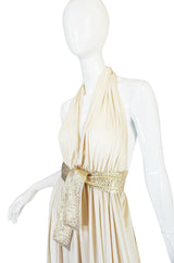 1980 Bill Tice Cream & Gold Backless Jersey Plunge Gown