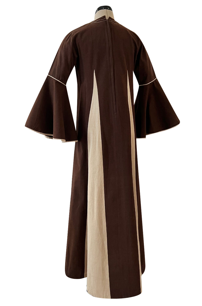 1960s Josefa Hand Embroidered Chocolate & Natural Linen Colour Bell Sleeve Caftan