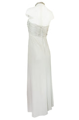 1970s Victoria Royal Pale Grey Jersey Dress w Jeweled Ring Collar