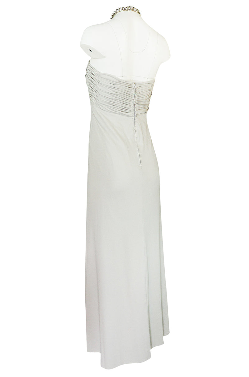 1970s Victoria Royal Pale Grey Jersey Dress w Jeweled Ring Collar