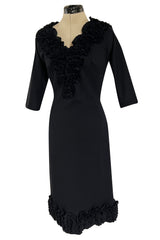 Fabulous Little Late 1950s Unlabeled Black Wool Jersey Ruffled Hem & Collar Dress