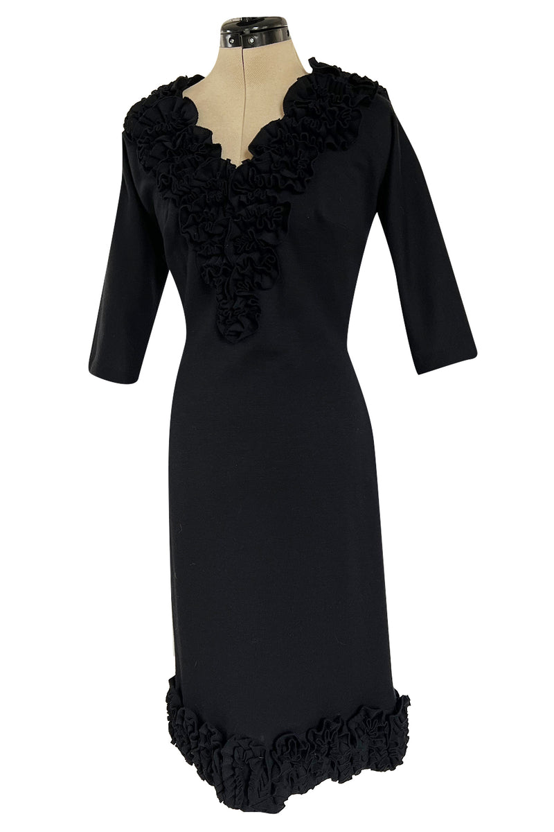 Fabulous Little Late 1950s Unlabeled Black Wool Jersey Ruffled Hem & Collar Dress