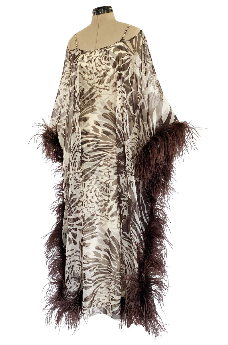 1960s Unlabeled Brown Floral Print Chiffon Caftan Dress w Feather Trim & Bare Shoulder Cut