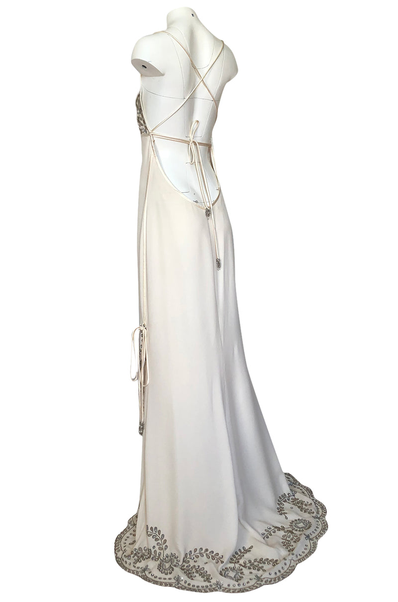 1990s Valentino Trained Backless Ivory Silk Dress w Sequin & Bead Deta Shrimpton Couture 1990s Valentino Trained Backless Ivory Silk Dress w Sequin & Bead Deta Shrimpton Couture