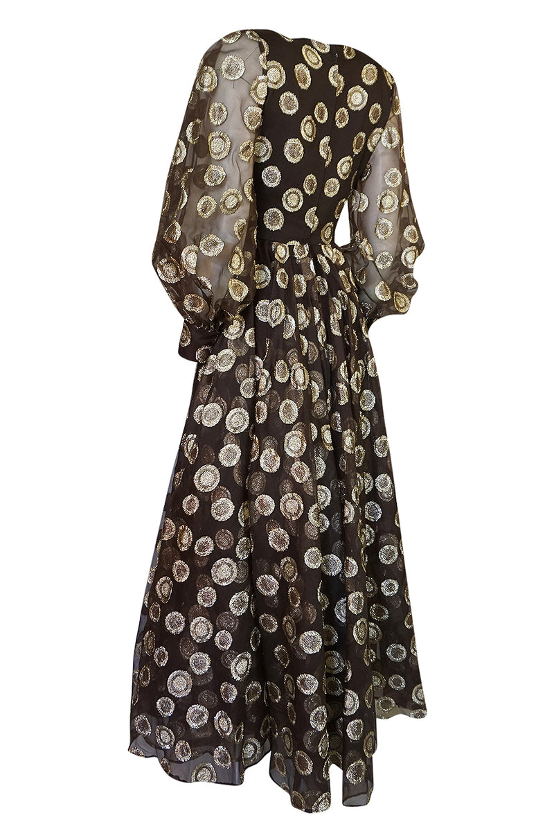 1960s Mr Blackwell Gold Metallic Lurex Dot Organza Dress