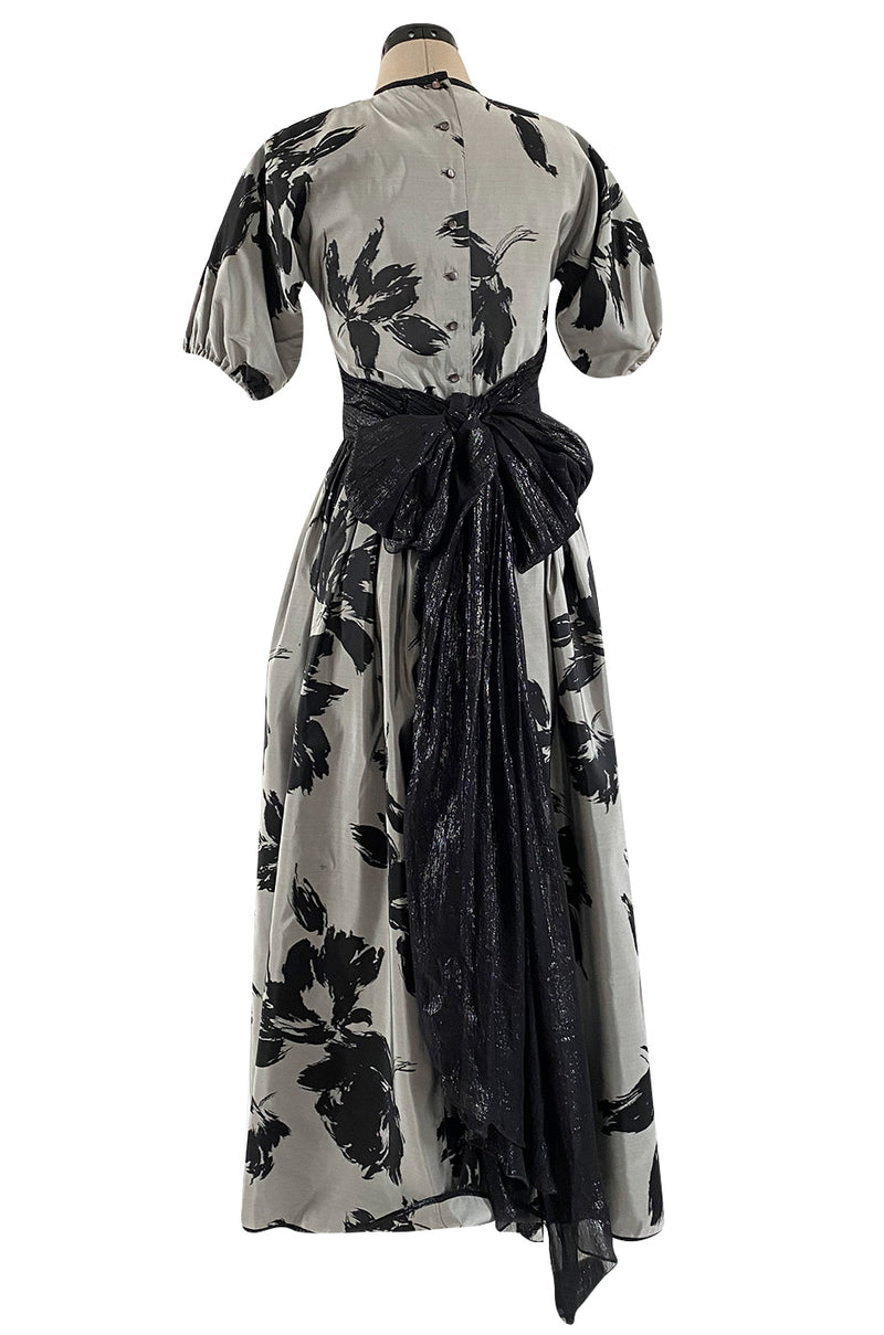 Documented Fall 1984 Geoffrey Beene Couture Silver Grey & Black Silk Dress w Metallic Chiffon Ties