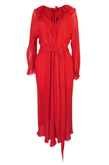 1974 Halston Red Silk Chiffon Ruffled Collar & Cuffs Bias Cut Dress