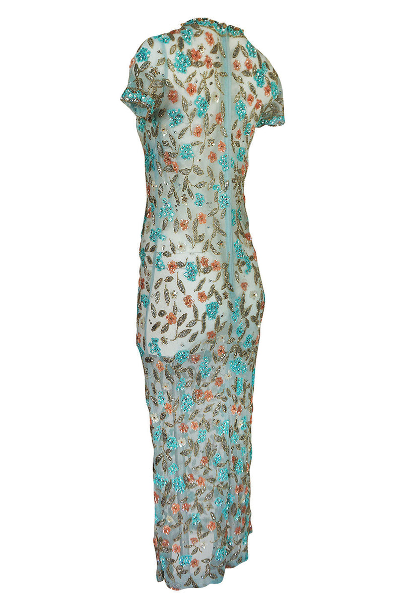1960s French Pale Blue Hand Beaded & Sequin on Net Dress