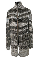 Sparkly Spring 1981 Halston Silver Sequin & Beaded Black Silk Chiffon Jacket